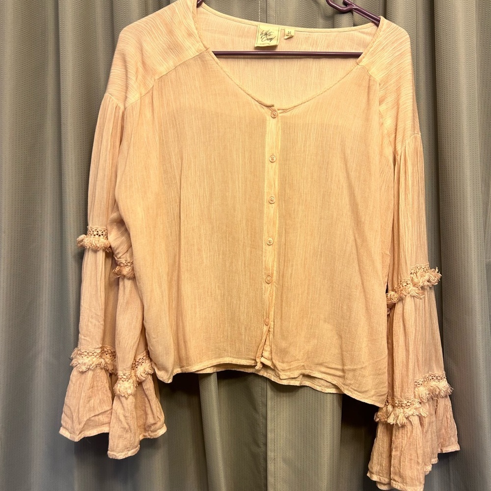 ♥️ Anthropologie White Crow Boho bell sleeve ruffle Blouse M 0330 #51